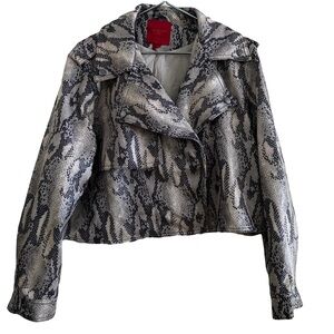 Snakeskin-print faux leather crop moto jacket